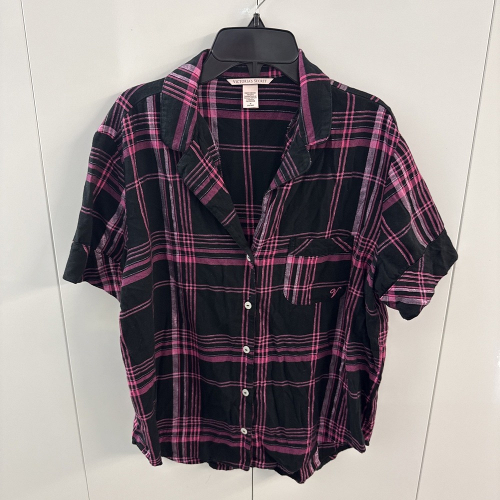 VICTORIA'S SECRET Women's Black & Pink Plaid Short Sleeve Pajama Top - Size Med